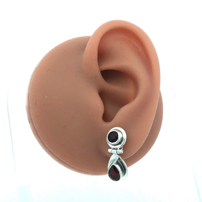 Vintage 925 Sterling Silver Round Bezel Pear Garnet Dangle Drop Stud Earrings