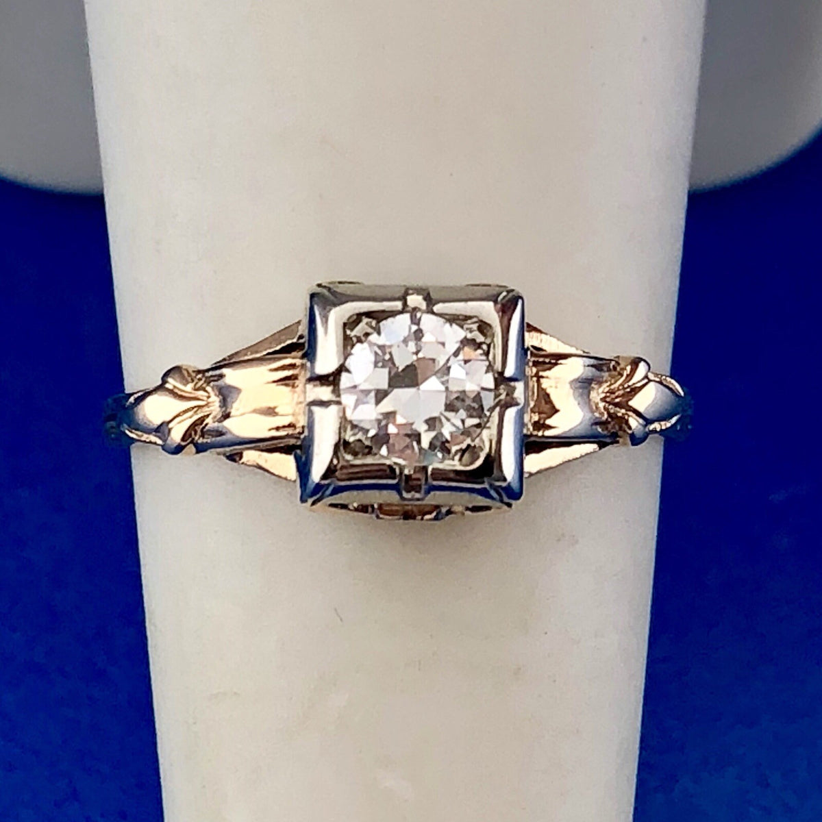 Art Nouveau Art Deco 14K Yellow Gold Diamond Solitaire Engagement Bridal Ring