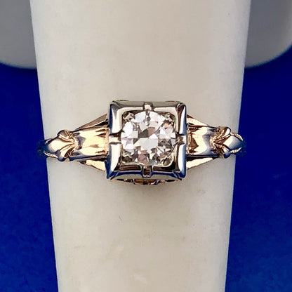 Art Nouveau Art Deco 14K Yellow Gold Diamond Solitaire Engagement Bridal Ring