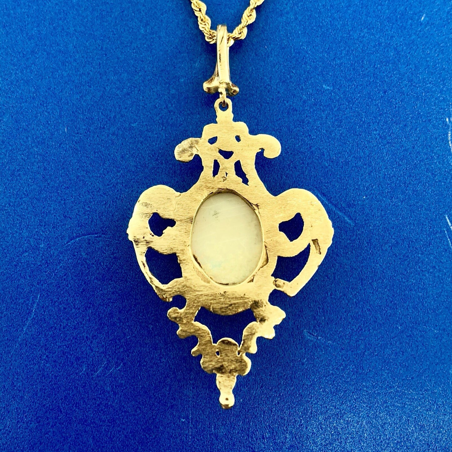 Vintage 14K Yellow Gold Opal Open Scroll Work October Statement Pendant Necklace