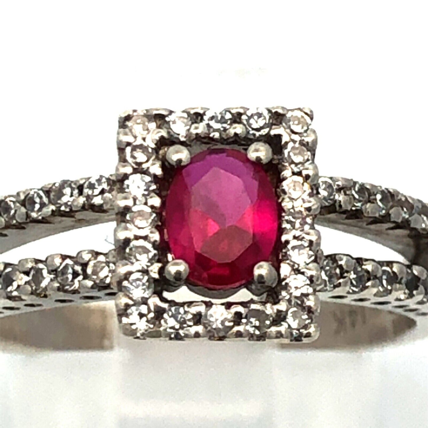 14K White Gold Lab Created Oval Ruby Round Pave Diamond Halo  Ring