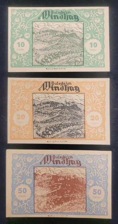 1920 10, 20 & 50 Heller, Windhag Municipality, Austria Obsolete Bank Note Set