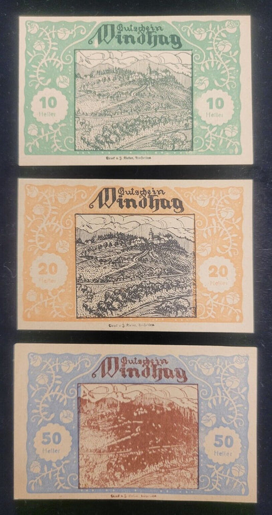 1920 10, 20 & 50 Heller, Windhag Municipality, Austria Obsolete Bank Note Set