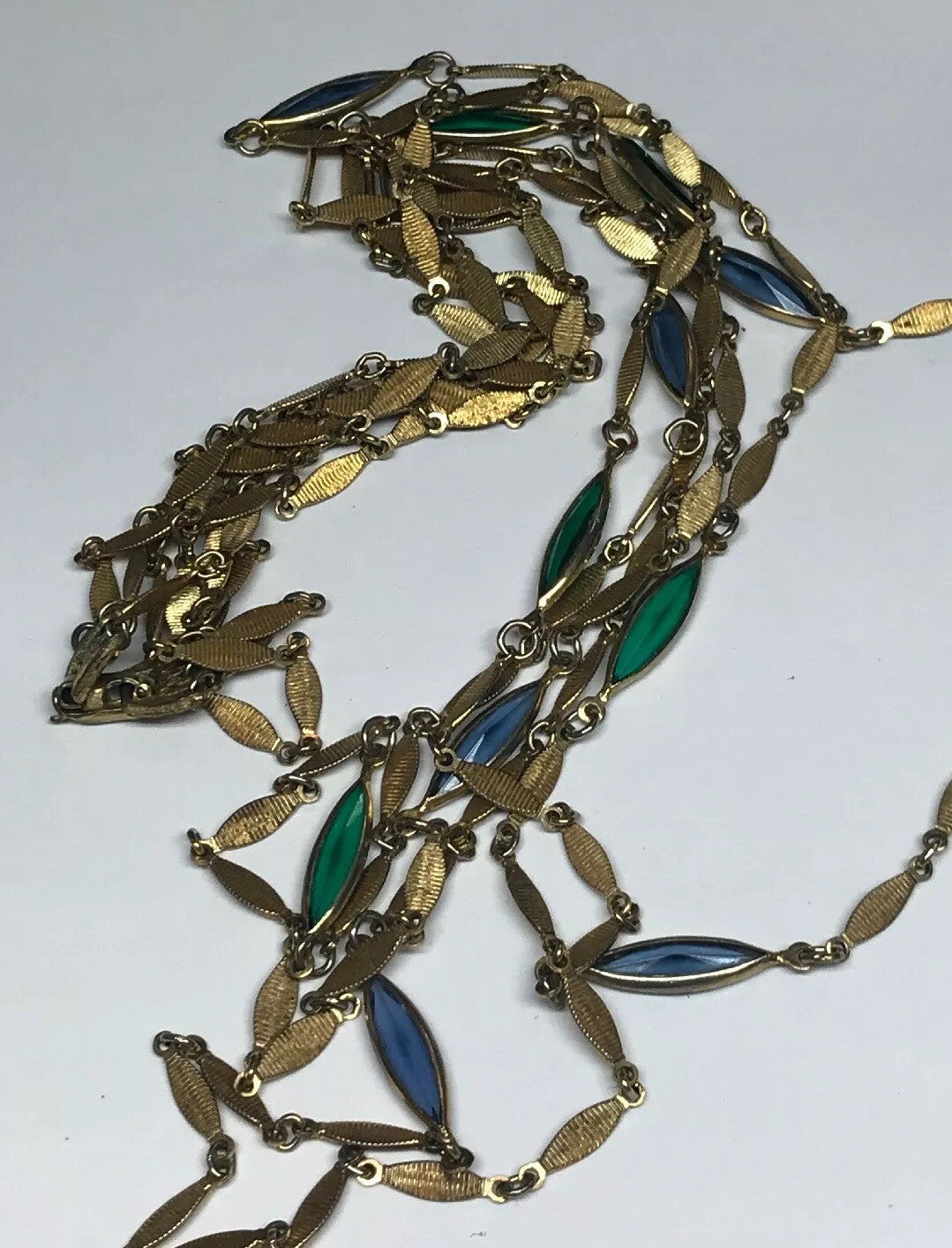 Vintage Gold Tone Blue Green Glass Bead Three Strand Graduated Drop Necklace