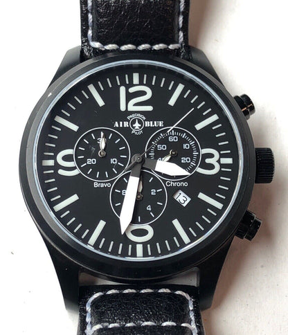 Air Blue Bravo Precision Pilot Mens Watch Chronograph Black Leather Strap In Box