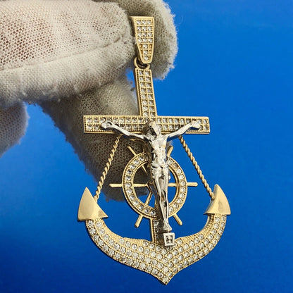 10K Yellow White Gold CZ Statement Sailors Cross Anchor Mariners Cross Pendant