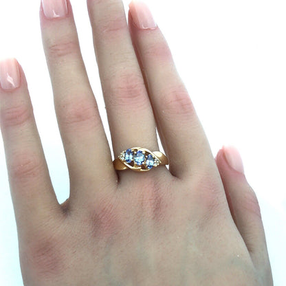 Gorgeous 14k Yellow Gold Oval Triple Tanzanite Diamond Twist Ring Size 9.75