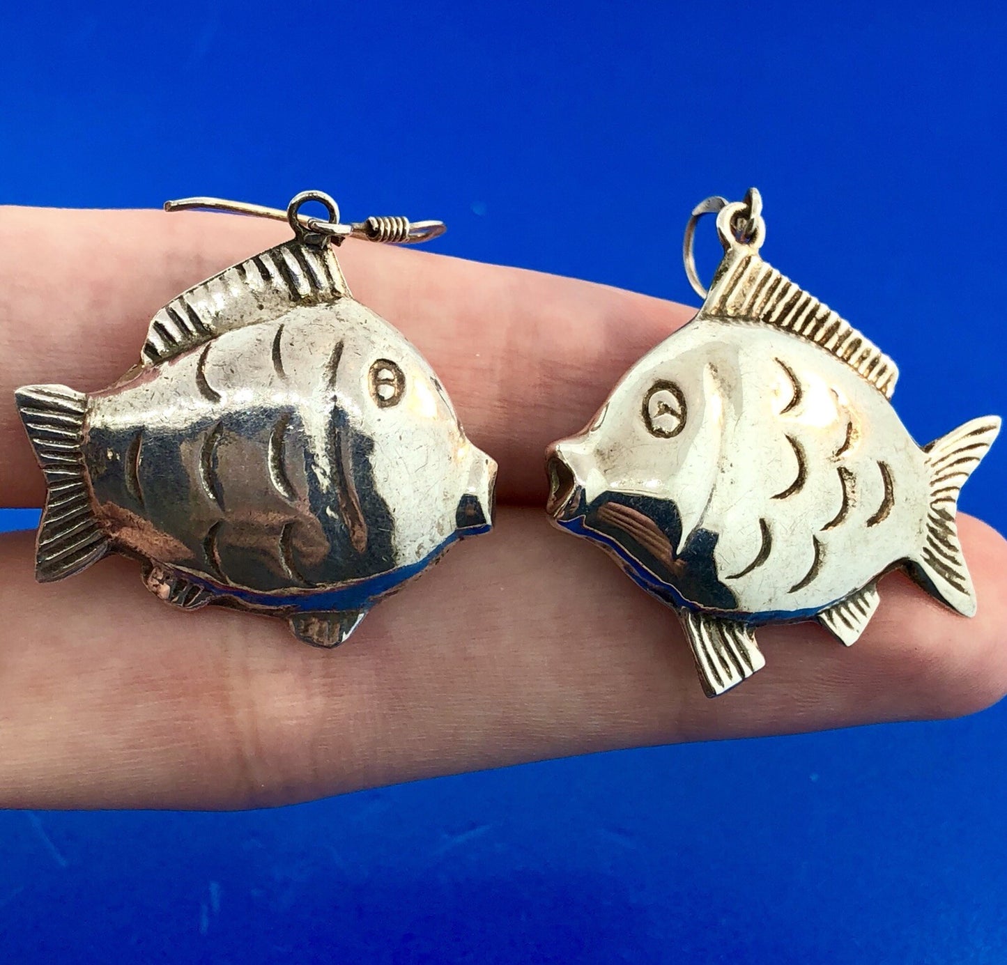 Retro Sterling Silver 925 Puffy Goldfish Blowfish Nemo Drop Dangle Earrings
