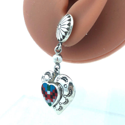 Native American Concho 925 Sterling Silver Multi Gemstone Heart Dangle Earrings