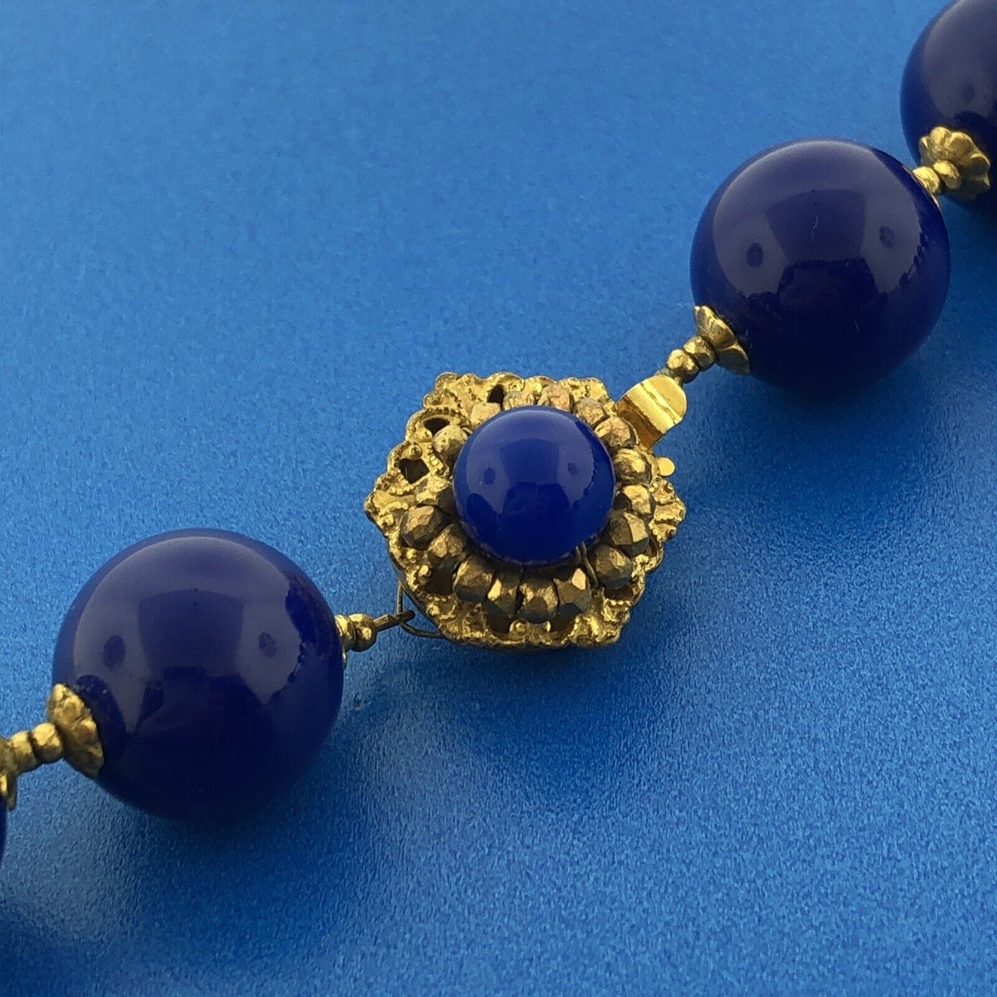 Mid Century Miriam Haskell Cobalt Blue Lucite Beads Gold Tone Statement Necklace