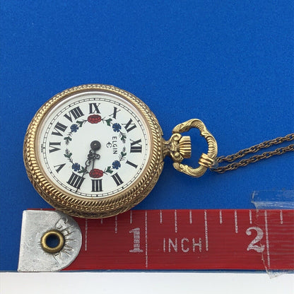 Elgin Gold Tone Ornate 17 Jewels Ladies Floral Pendant Watch With Chain Fob/Box
