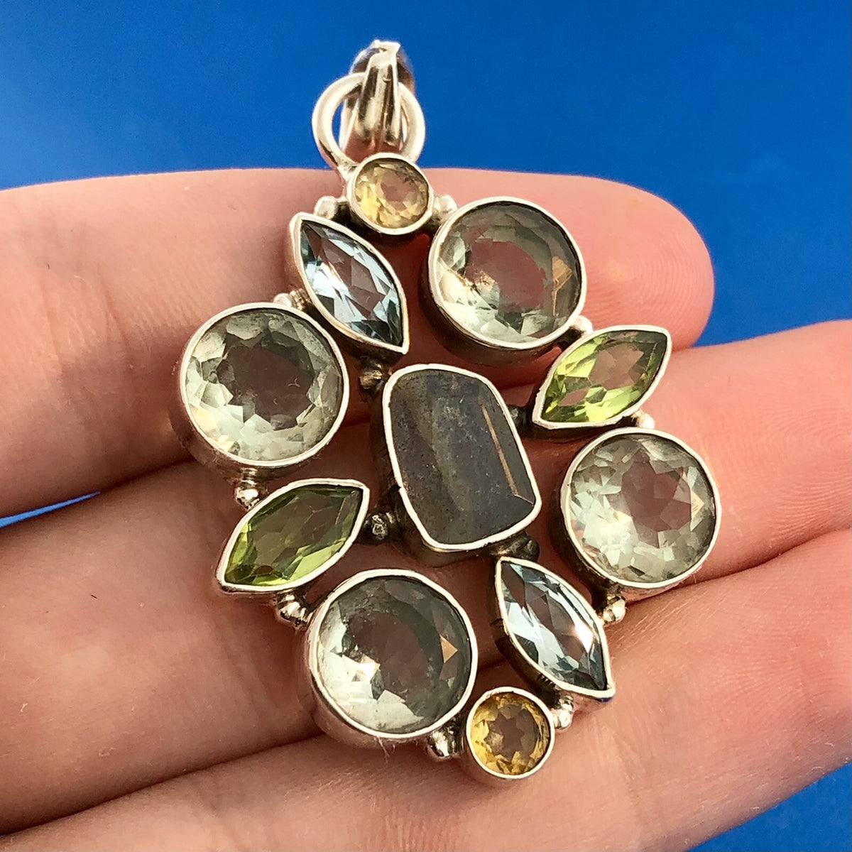 Retro 925 Sterling Silver Multi Colored Shaped Gemstone Oval Statement Pendant