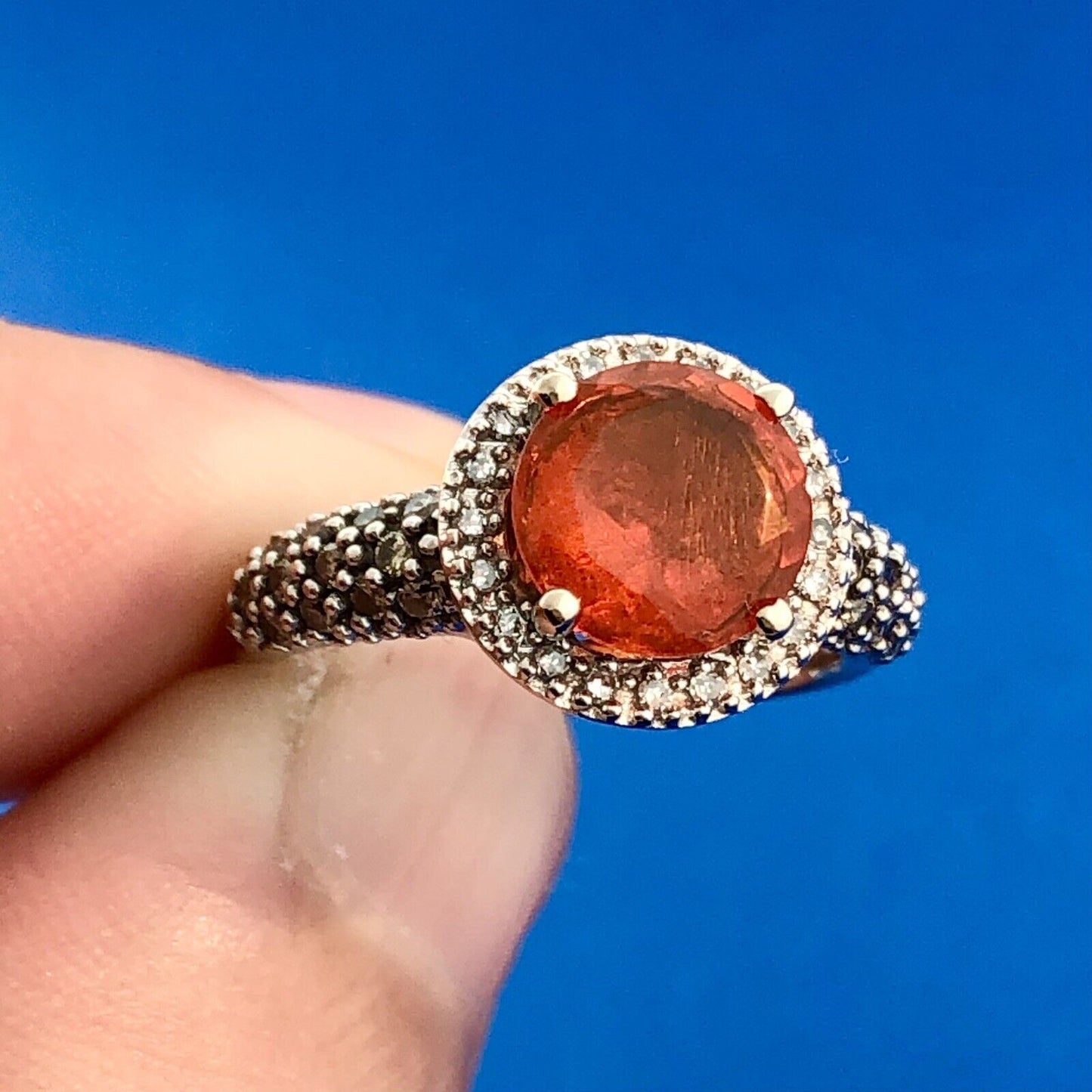 Stunning 14K White Gold Mexican Fire Opal Diamond Halo Ladies Cocktail Ring
