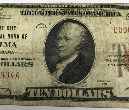 1929 Type 1 $10 The City National Bank of Selma Alabama Charter 1736 Tough Note!