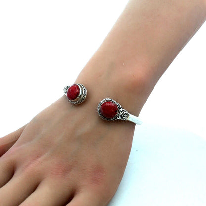 SARDA Sterling Silver Red Coral Radiant Roses Tip to Tip Hinged Cuff Bracelet