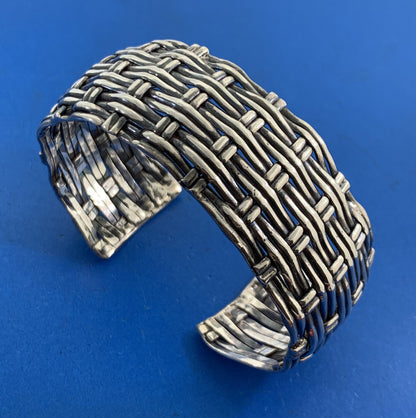 Artisan 925 Sterling Silver Basket Weave Statement Open Cuff Bracelet
