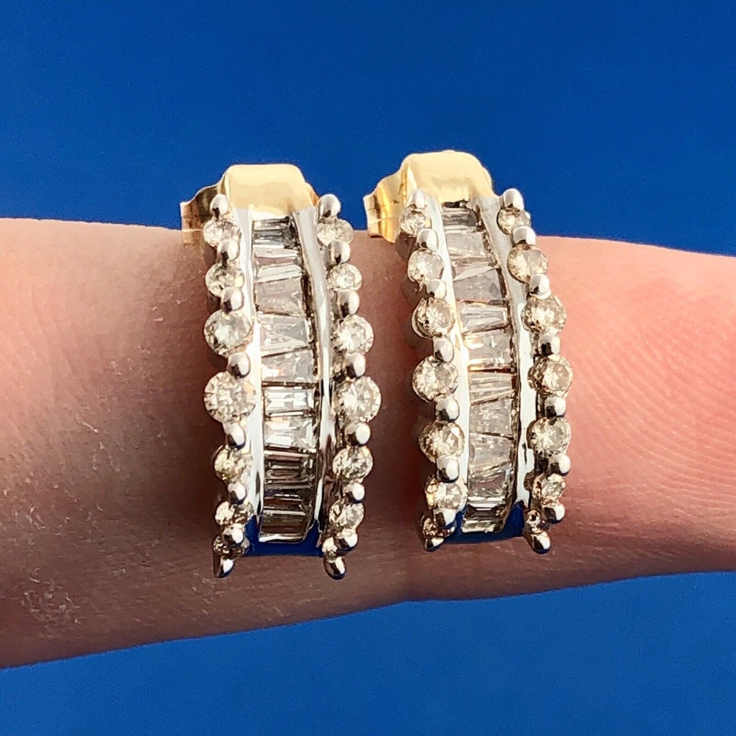 14k Yellow & White Gold Baguette Diamond Earrings with Diamond Accents