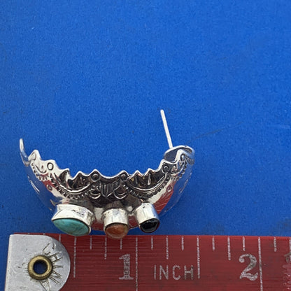 Designer 925 Sterling Silver Turquoise Coral Onyx Cocho Style Half Hoop Earrings