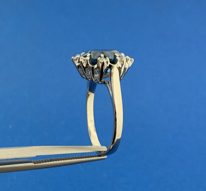 Designer 10K White Gold Blue Topaz Solitaire White Topaz Halo Anniversary Ring