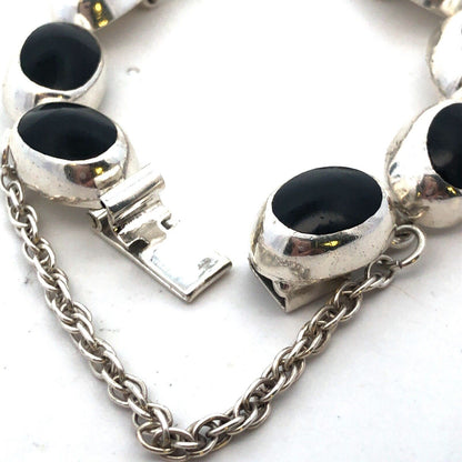 Vintage Taxco Mexico 925 Sterling Silver Oval Black Onyx Tennis Bracelet
