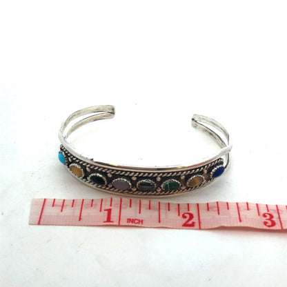 Vintage Signed Old Pawn Native American Oval Mixed Gemstone Open Cuff Bracelet