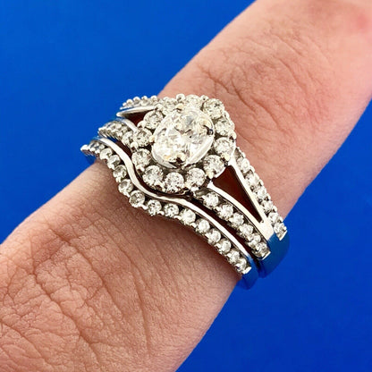 Stunning 14K White Gold Oval Diamond Halo Two Piece Engagement Bridal Set