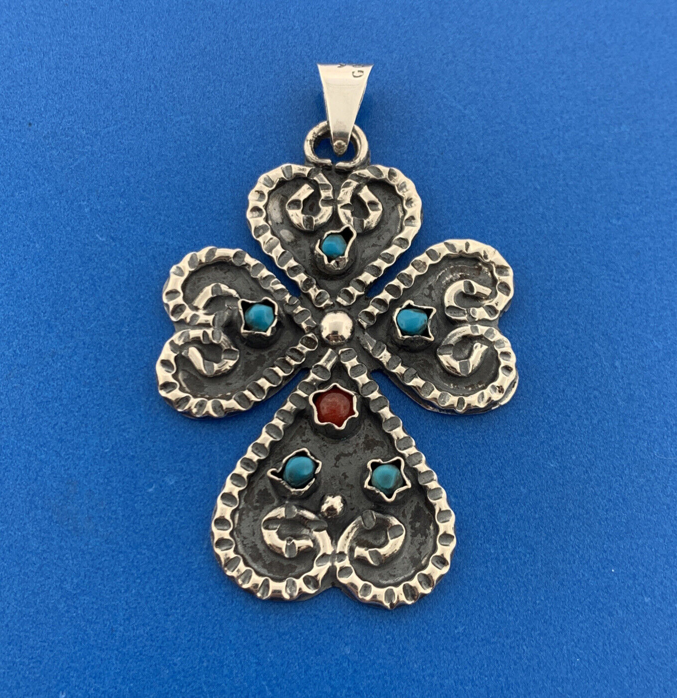 Taxco Mexico Designer Sterling Silver 925 Turquoise Coral Clover Cross Pendant