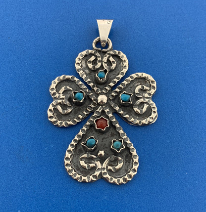 Taxco Mexico Designer Sterling Silver 925 Turquoise Coral Clover Cross Pendant