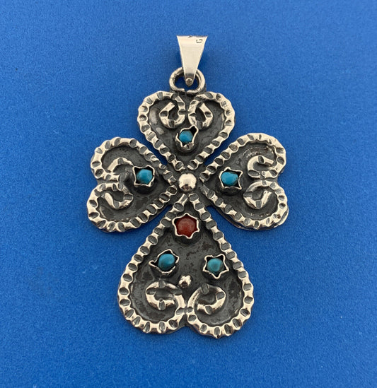 Taxco Mexico Designer Sterling Silver 925 Turquoise Coral Clover Cross Pendant