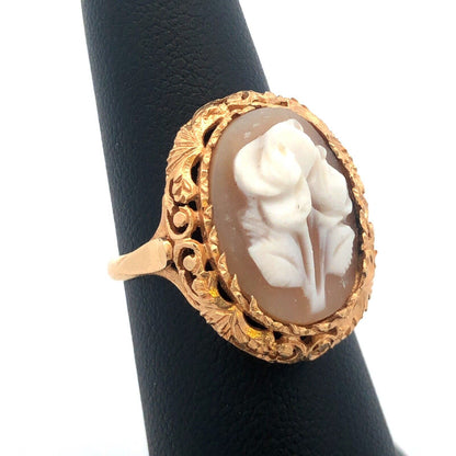 Vintage 14k Yellow Gold Carved Flower Oval Cameo Cocktail Ring Size 6.5