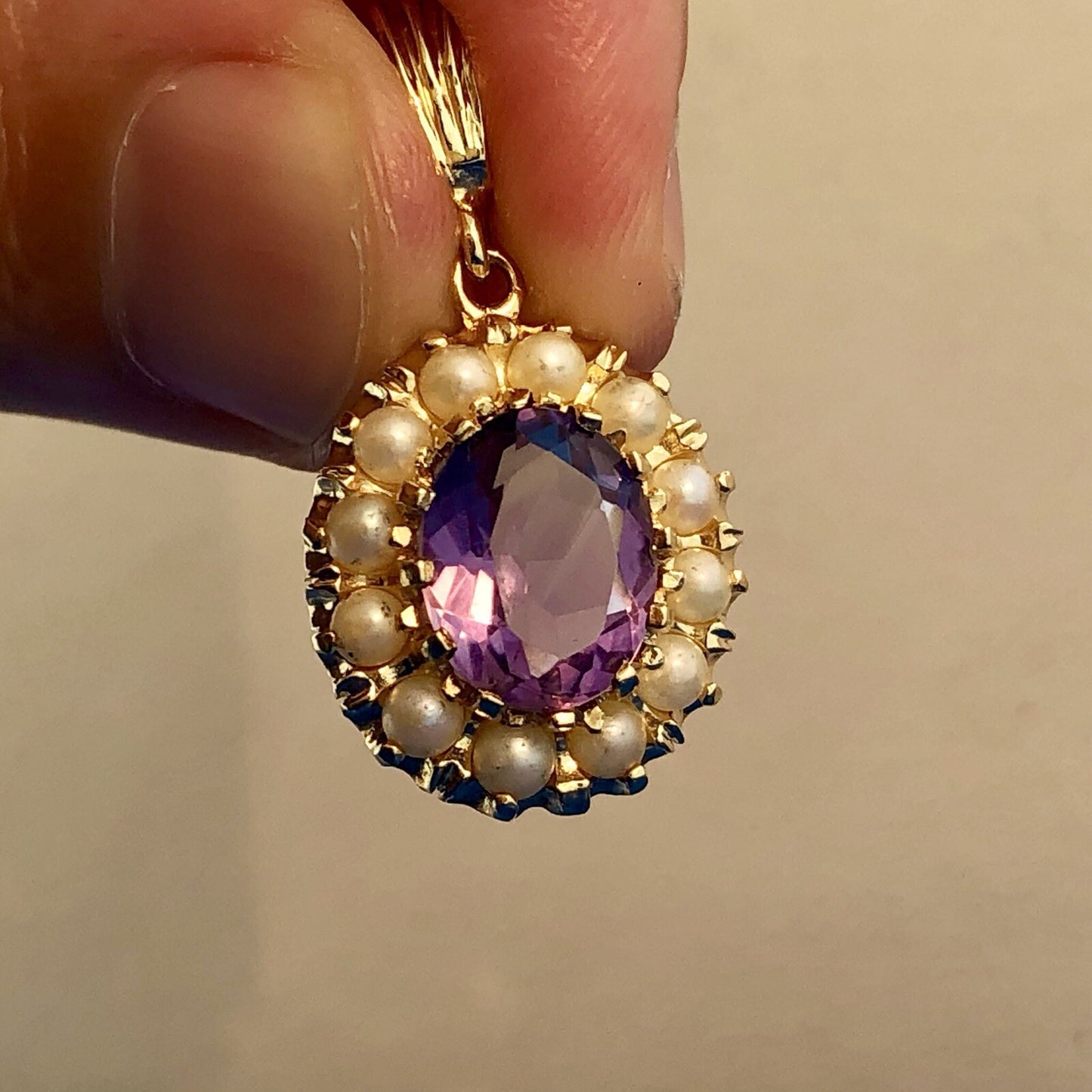 Victorian 14K Yellow Gold Amethyst Seed Pearl Halo February Anniversary Pendant