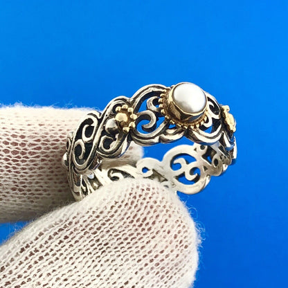 Stunning Sterling Silver 925 Mabe White Pearl Openwork Wavy Ring Size 9.25
