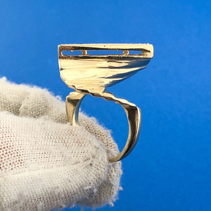 Unusual 10K Yellow Gold Diamond Spiral Fan Staircase Statement Cocktail Ring