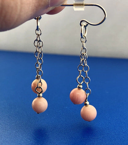Designer Sterling Silver 925 Pink Coral Ball Bead Drop Dangle Earrings