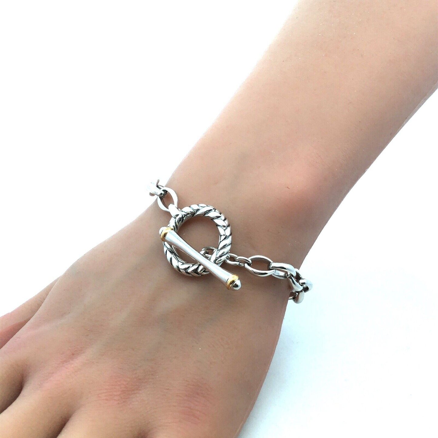Estate 925 Sterling Silver Gold Vermeil Two Tone Chain Toggle Charm Bracelet