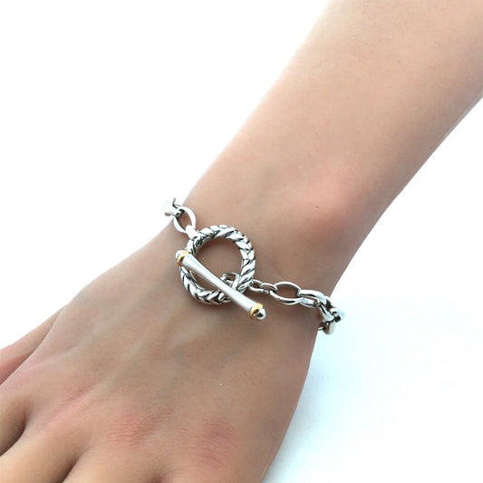 Estate 925 Sterling Silver Gold Vermeil Two Tone Chain Toggle Charm Bracelet