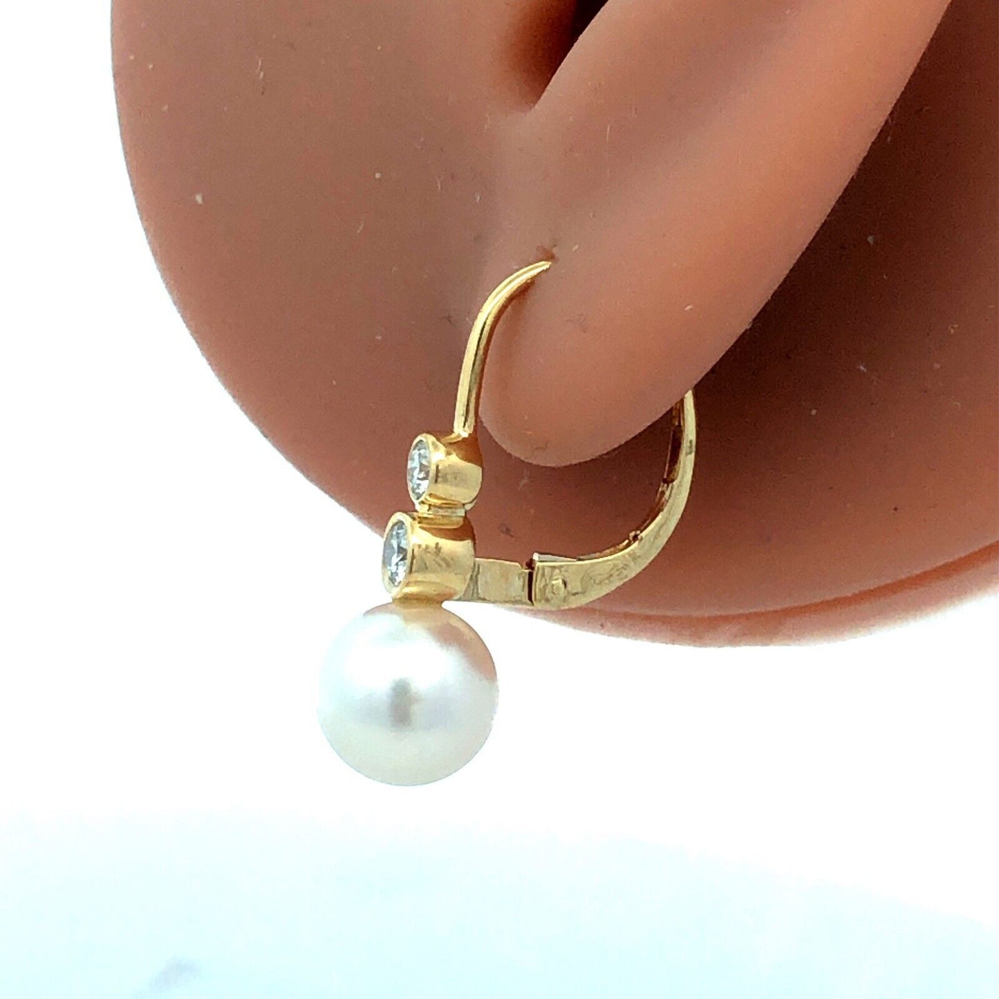 Designer 18K Yellow Gold Round White Pearl Diamond Leverback Hook Earrings