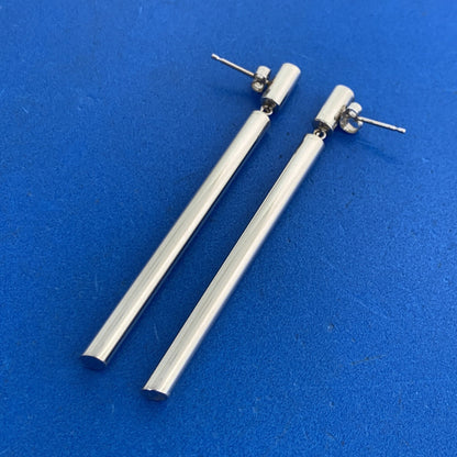Designer 14K White Gold Polished Tubular Modernist Drop Dangle Stud Earrings
