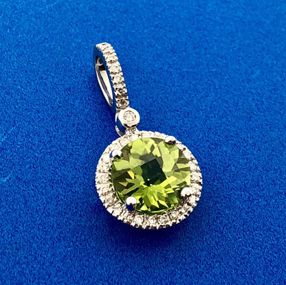 14k White Gold Peridot Pendant Diamond Halo Accents August Anniversary Pendant