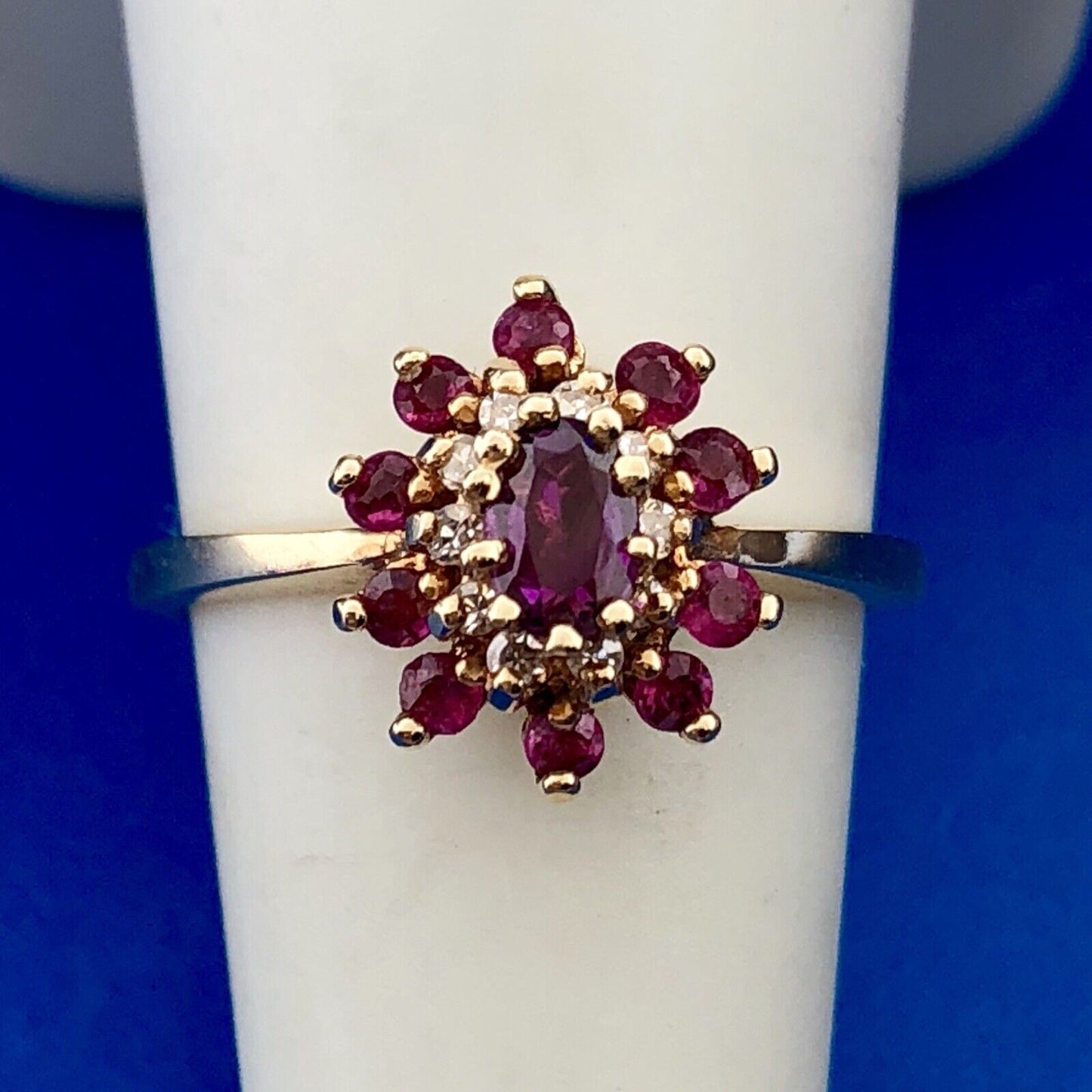 Designer 14K Yellow Gold Ruby Diamond 3 Tier Cluster Engagement Cocktail Ring