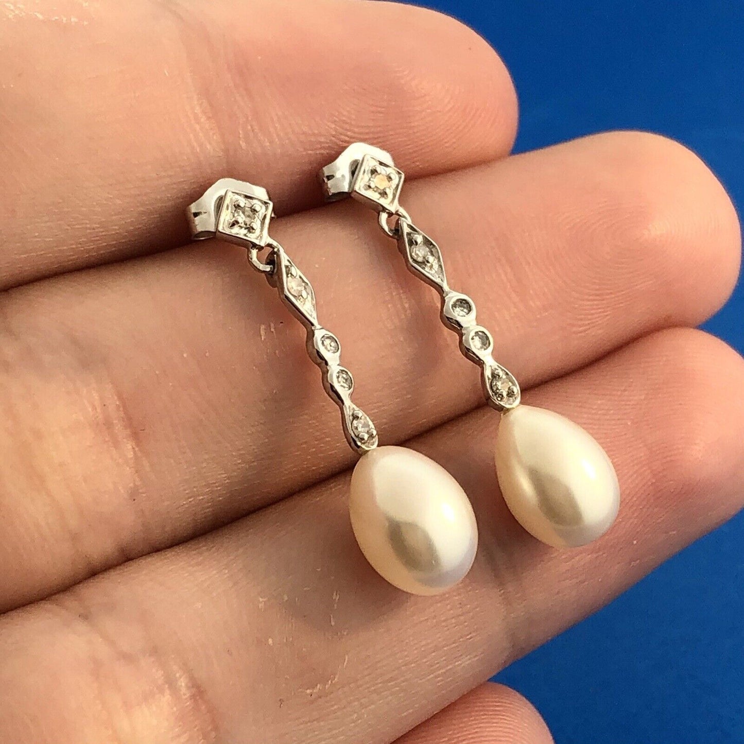Elegant 14K White Gold Diamond Pearl Bridal Anniversary Drop Dangle Earrings