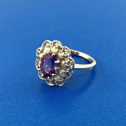 Estate 14K White Gold Amethyst Pearl Halo February Anniversary Sweetheart Ring