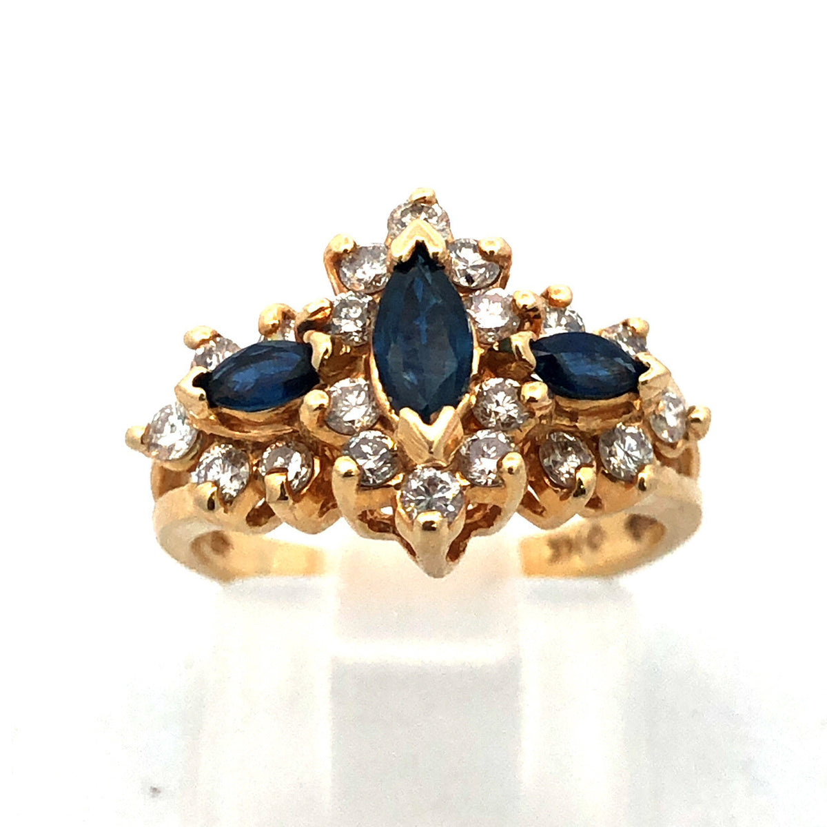14K Yellow Gold Sapphire Diamond Halo Cluster Anniversary Bridal Cocktail Ring