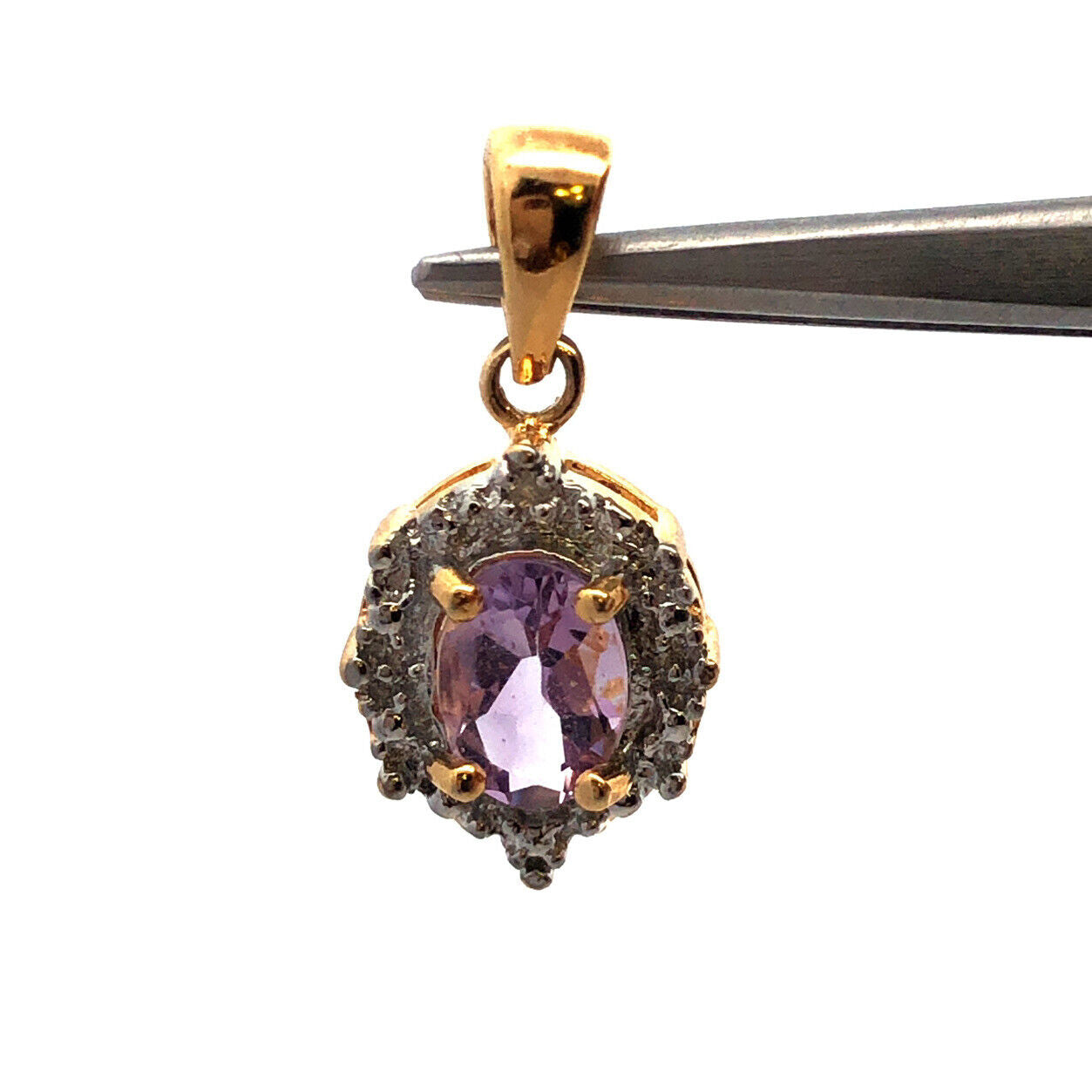 Designer 925 Sterling Silver Vermeil Oval Amethyst Diamond Pendant