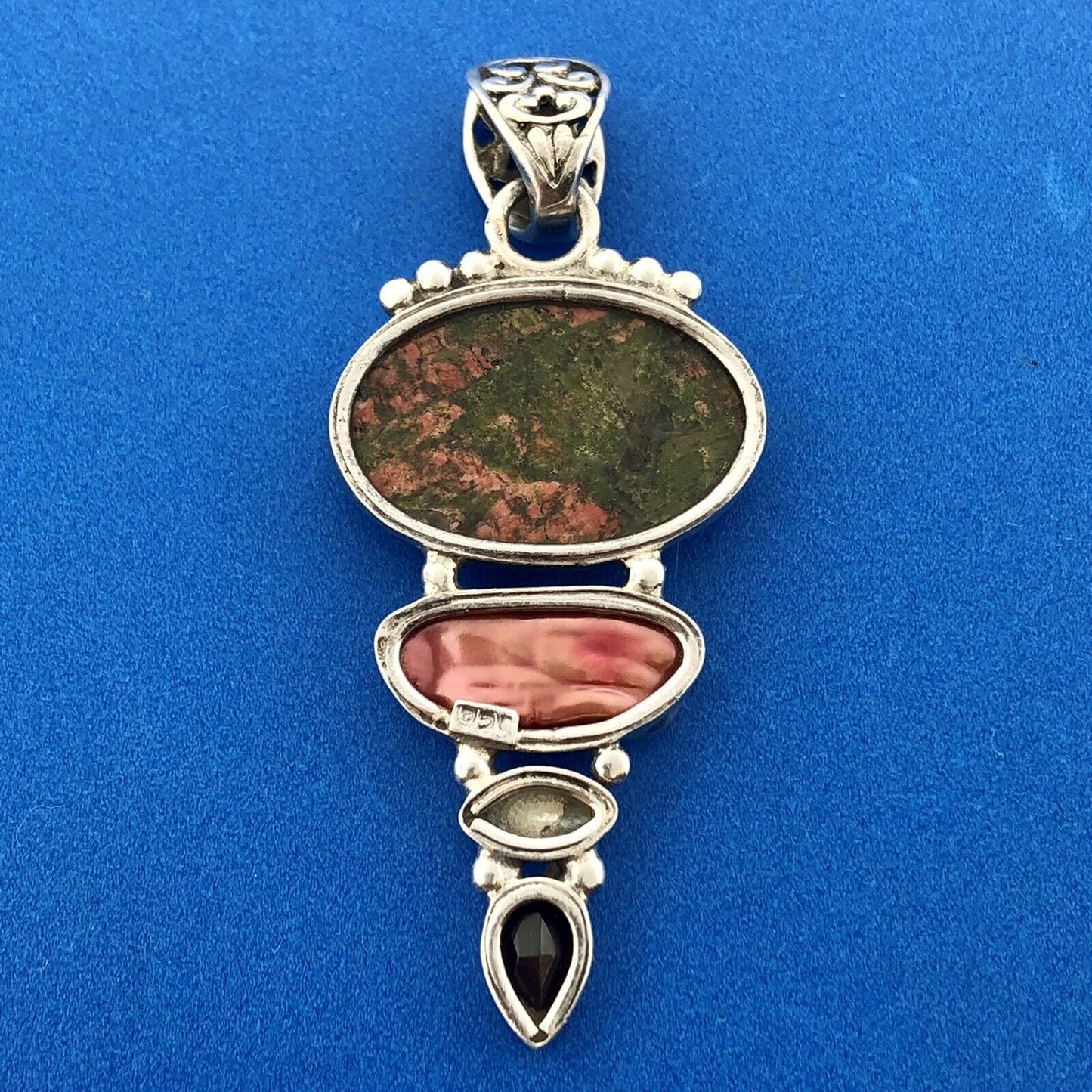 Sterling Silver 925 Unakite Mother Of Pearl Garnet Pearl Statement Pendant