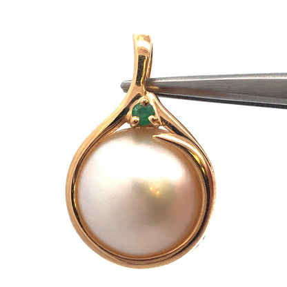 Designer 14K Yellow Gold Pearl Emerald Dangle Drop Pendant