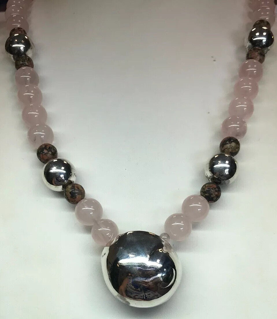 Mignon Faget 925 Sterling Silver Rose Quartz Jasper Bead Moon Snail Necklace