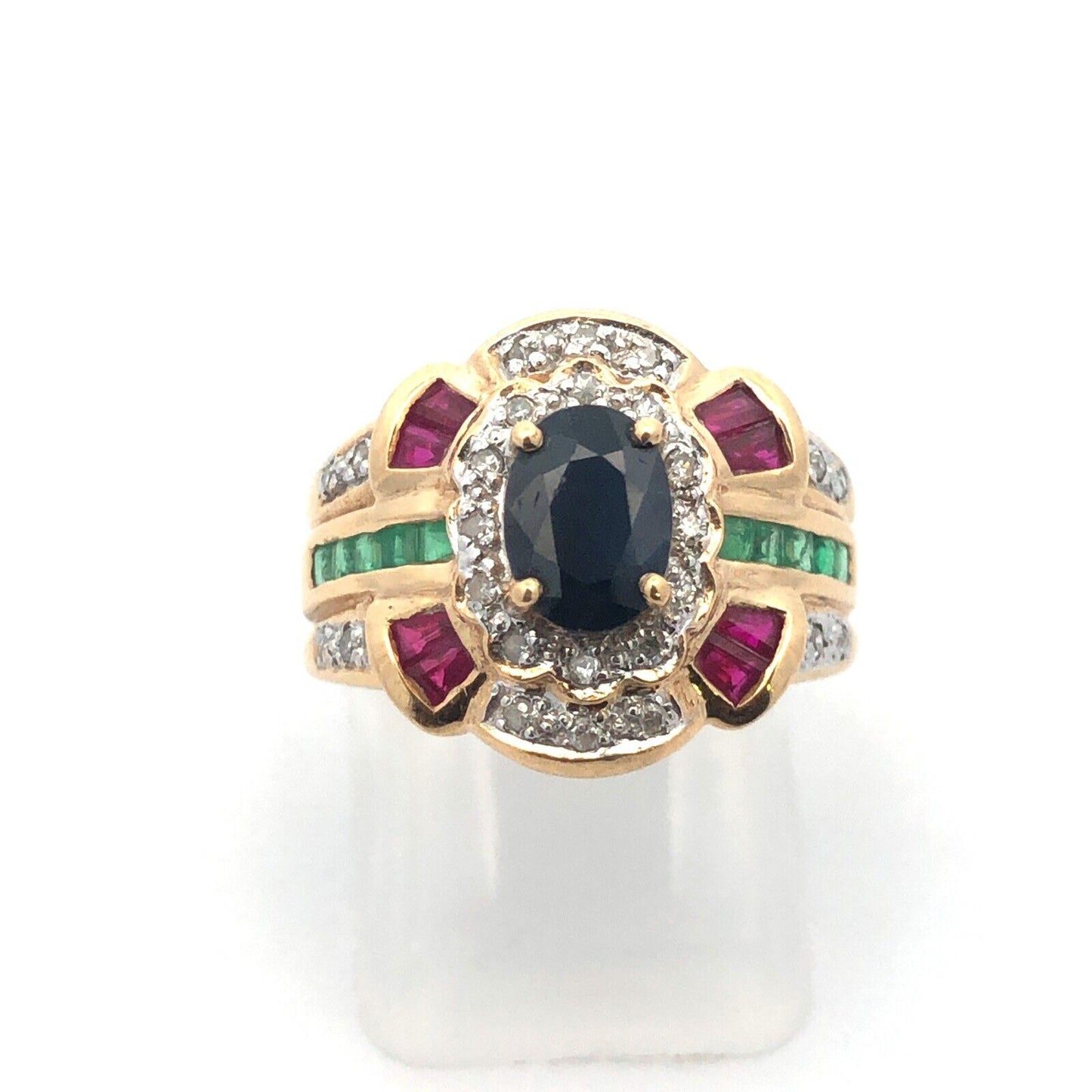 Designer 14K Yellow Gold Oval Blue Sapphire Emerald Ruby Diamond Accented Ring