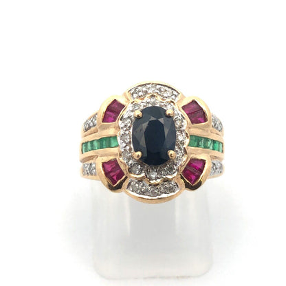 Designer 14K Yellow Gold Oval Blue Sapphire Emerald Ruby Diamond Accented Ring