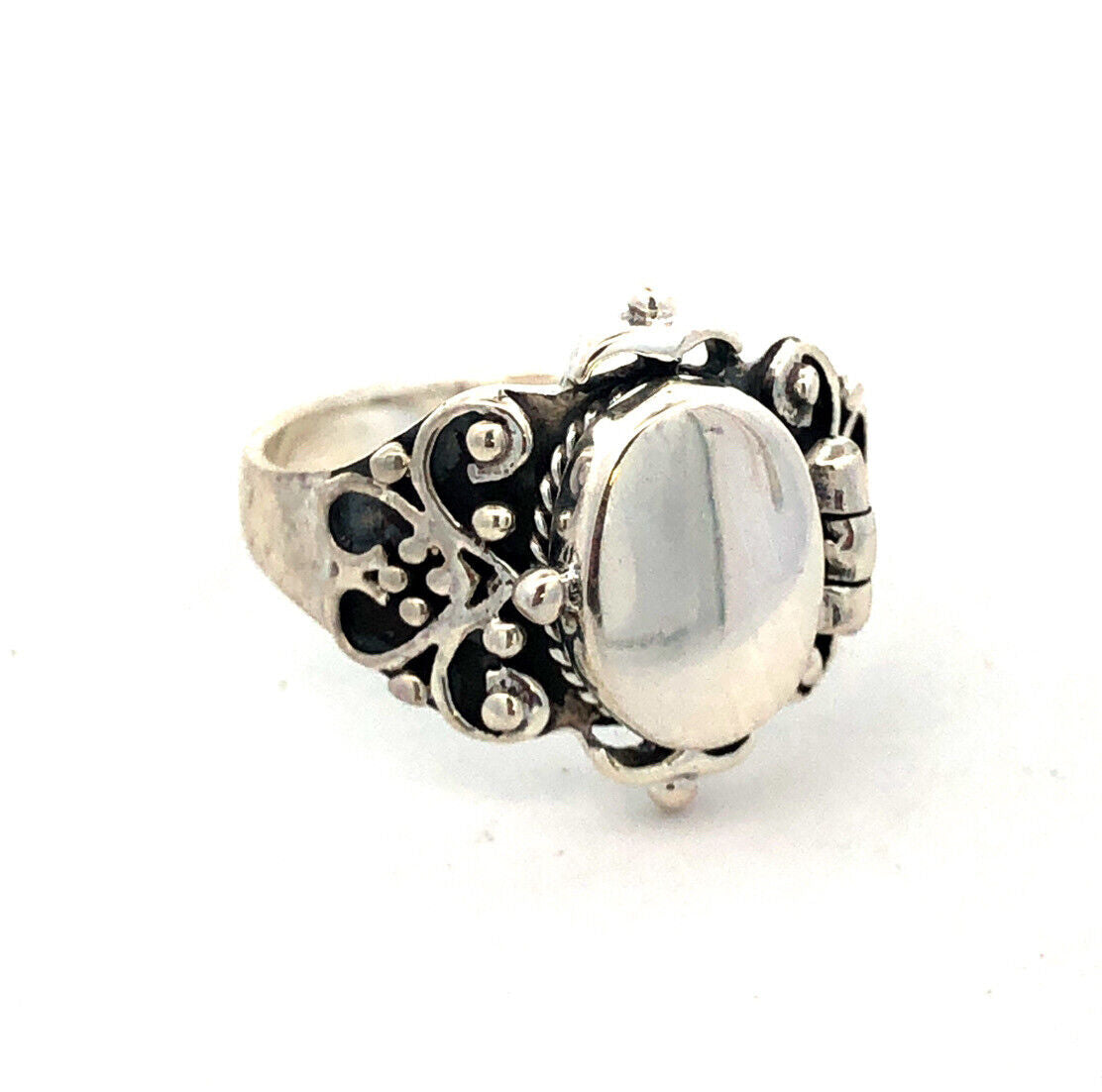 925 Sterling Silver Vintage Designer SE Scroll Oval Pillbox Poison Ring